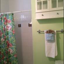 Partial view of white sink and shower, tropical curtain, light green walls, small cabinet, towel bar