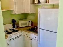 Green kitchenette, white cabinets, small stove, microwave, refrigerator