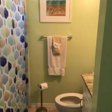 Bathroom, blue and green decor, shower with curtain, toilet, partial image of sink